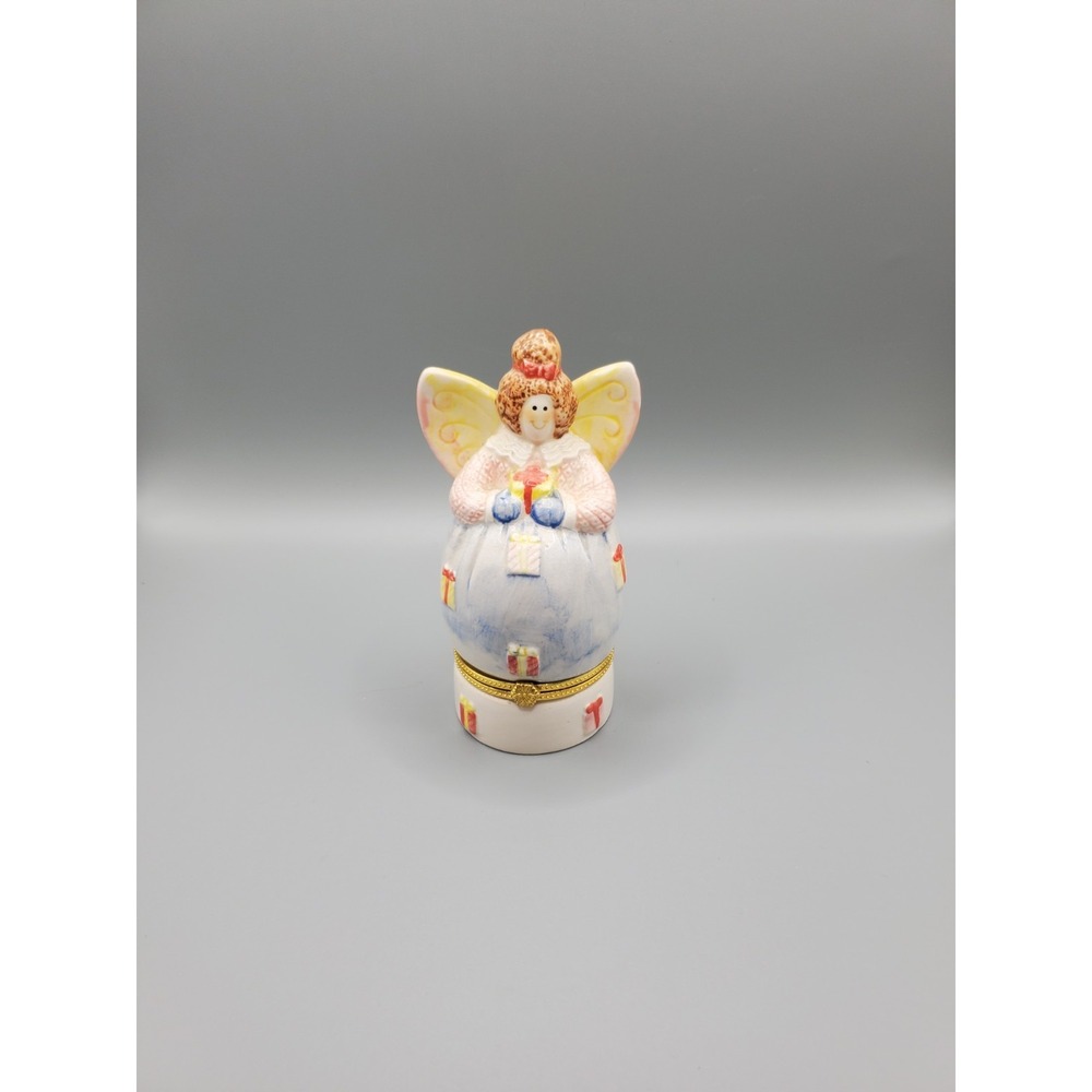 Vintage Collectible Porcelain Tall Cheerful Angel Hinged Trinket  Box 5.5"